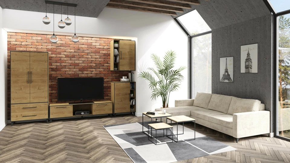 Salon - Kolekcja Floryda (Dąb Soma ciemny) i Narożnik Milano (boucle beż)